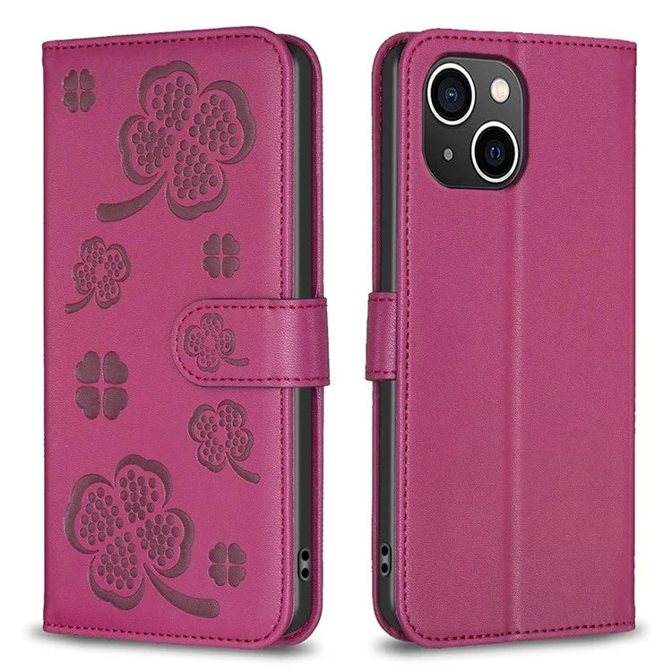 For iPhone 13 / 14 Leather Phone Case Clover Imprinted Wallet Flip Cover