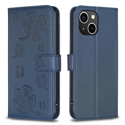For iPhone 13 / 14 Leather Phone Case Clover Imprinted Wallet Flip Cover