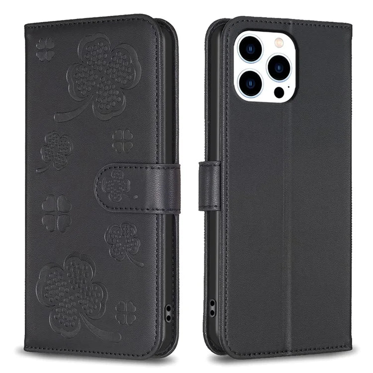 For iPhone 13 Pro PU Leather Case Imprinted Clover Pattern Flip Wallet Phone Cover