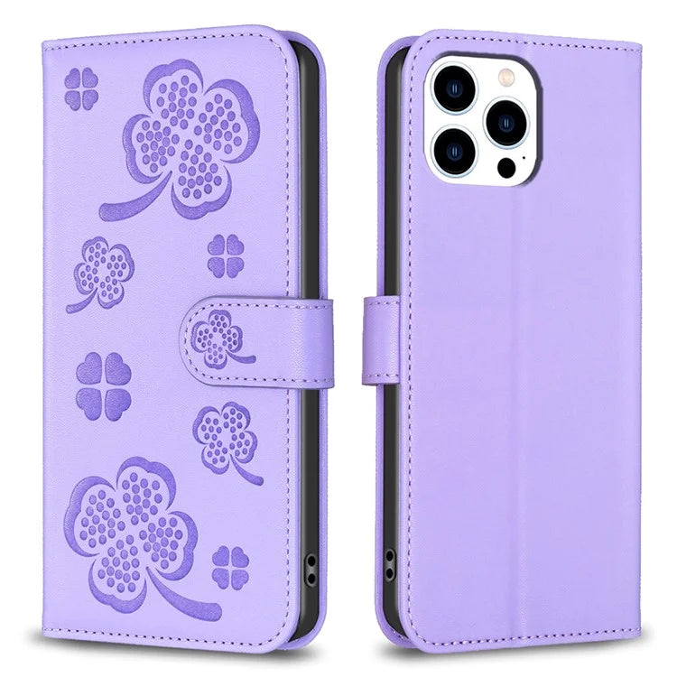 For iPhone 13 Pro PU Leather Case Imprinted Clover Pattern Flip Wallet Phone Cover
