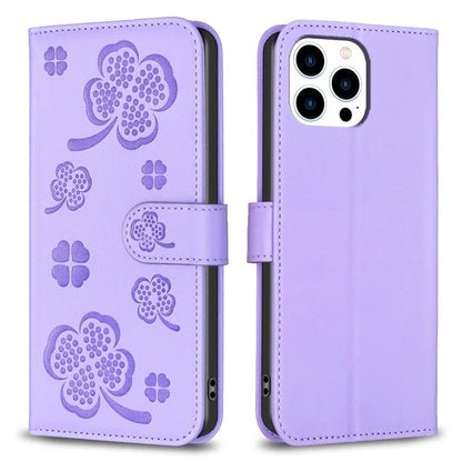 For iPhone 13 Pro PU Leather Case Imprinted Clover Pattern Flip Wallet Phone Cover