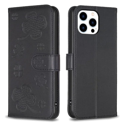 For iPhone 13 Pro Max Leather Phone Cover Clover Pattern Anti-Drop Protective Case