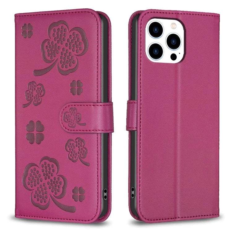 For iPhone 13 Pro Max Leather Phone Cover Clover Pattern Anti-Drop Protective Case