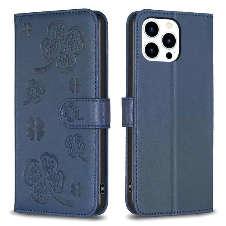 For iPhone 13 Pro Max Leather Phone Cover Clover Pattern Anti-Drop Protective Case