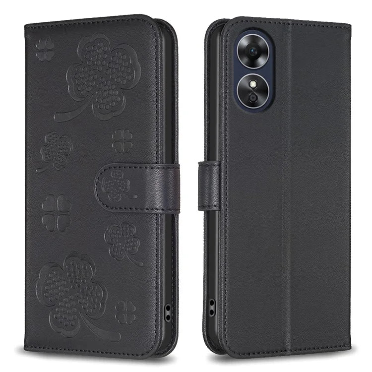 For Oppo A17 4G Leather Wallet Case Clover Pattern Flip Folio Phone Cover
