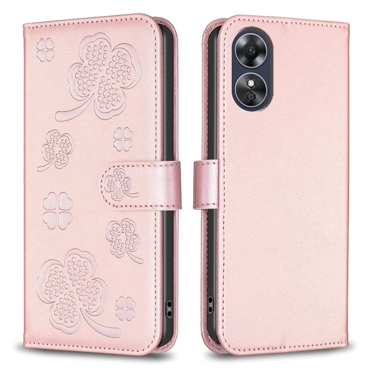 For Oppo A17 4G Leather Wallet Case Clover Pattern Flip Folio Phone Cover