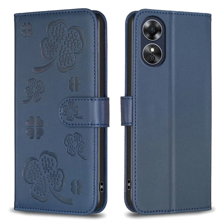 For Oppo A17 4G Leather Wallet Case Clover Pattern Flip Folio Phone Cover