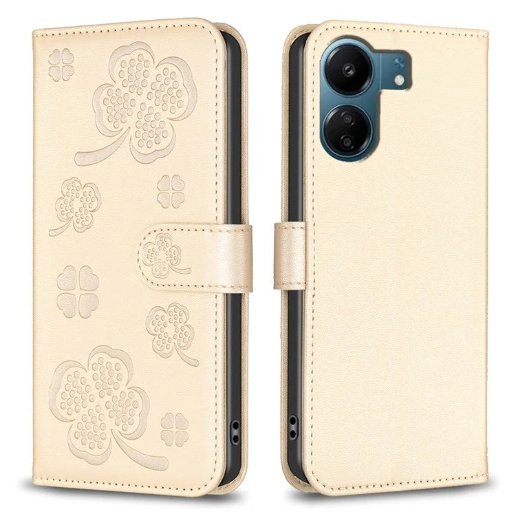 For Xiaomi Redmi 13C 4G / Poco C65 4G Leather Phone Case Clover Pattern Stand Magnetic Closure Cover