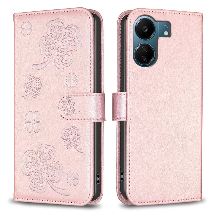 For Xiaomi Redmi 13C 4G / Poco C65 4G Leather Phone Case Clover Pattern Stand Magnetic Closure Cover