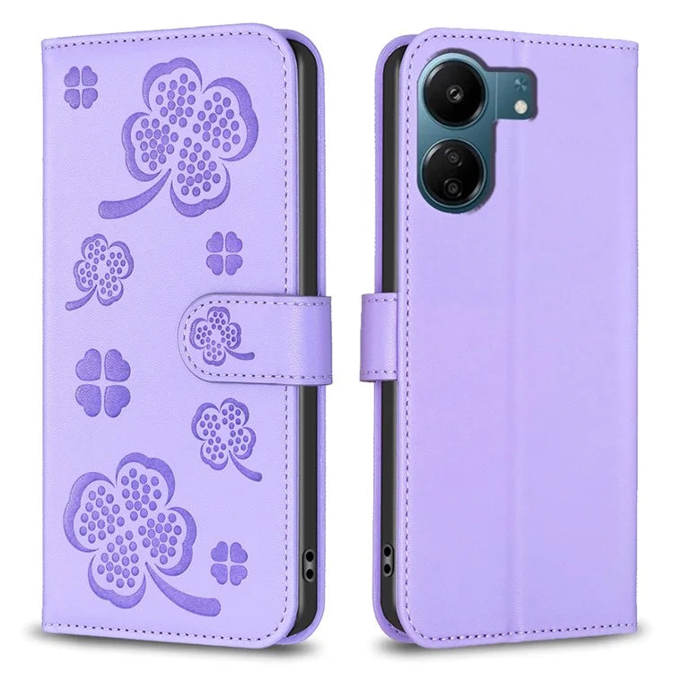 For Xiaomi Redmi 13C 4G / Poco C65 4G Leather Phone Case Clover Pattern Stand Magnetic Closure Cover