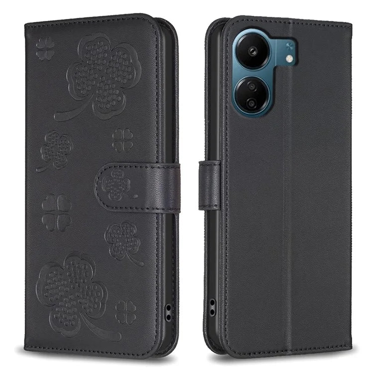 For Xiaomi Redmi 13C 4G / Poco C65 4G Leather Phone Case Clover Pattern Stand Magnetic Closure Cover