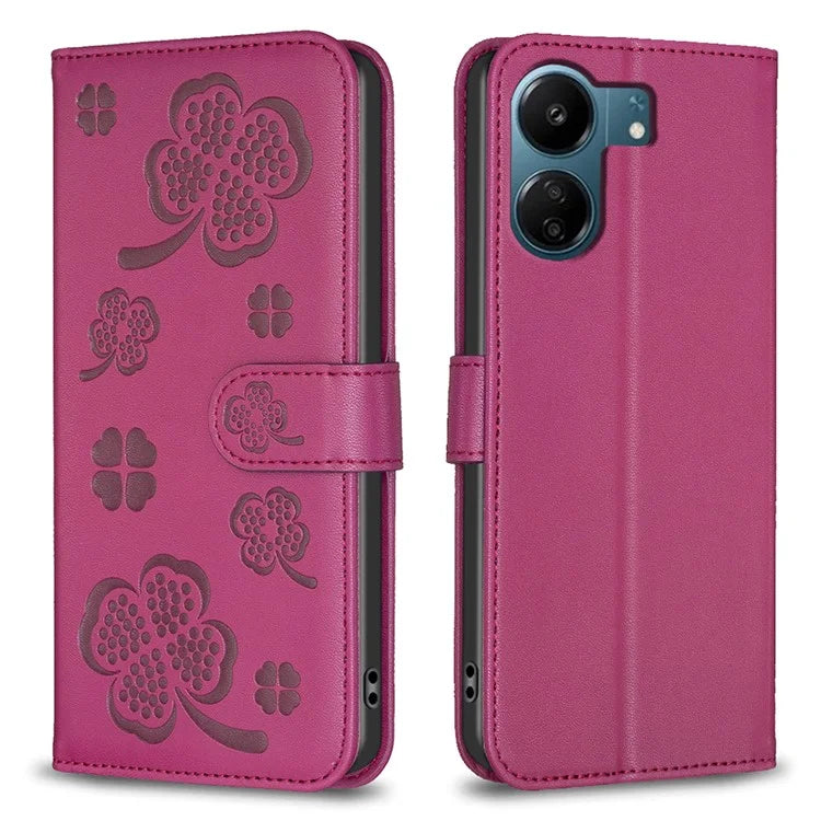For Xiaomi Redmi 13C 4G / Poco C65 4G Leather Phone Case Clover Pattern Stand Magnetic Closure Cover