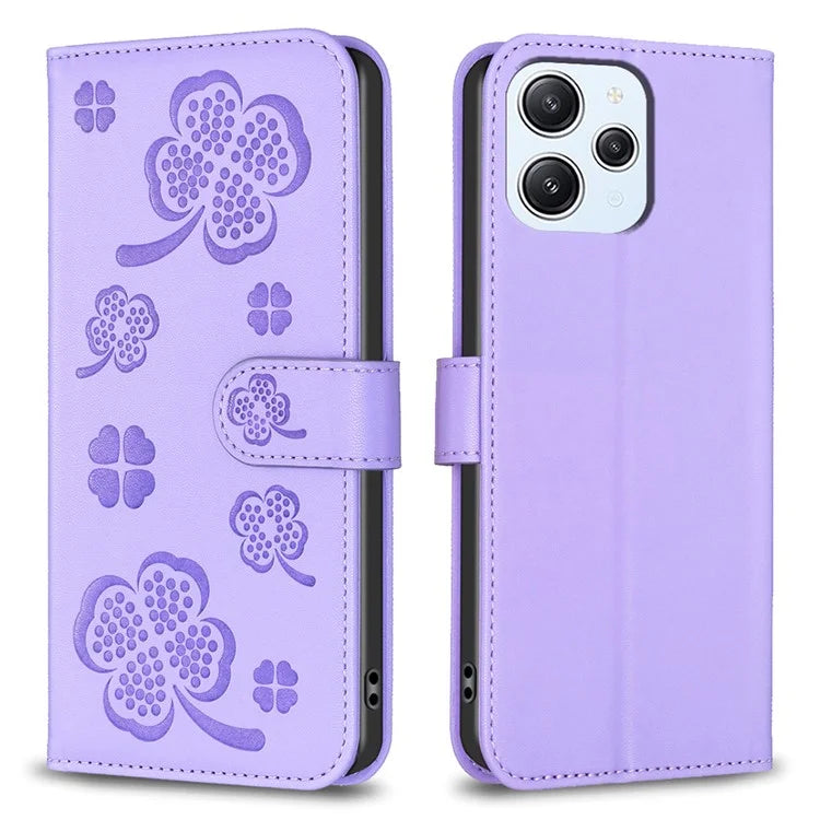 For Xiaomi Redmi 12 4G Wallet Flip Cover PU Leather Clover Imprinted Folio Phone Case