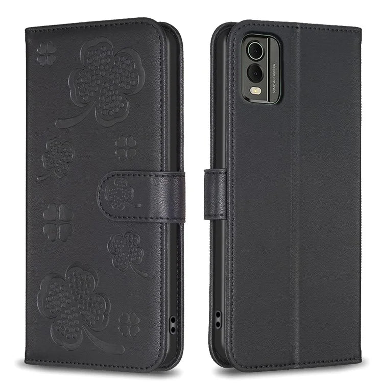 For Nokia C32 Flip Stand PU Leather Case Imprinted Clover Magnetic Clasp Phone Case