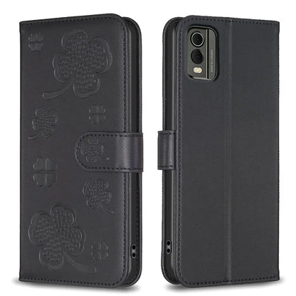 For Nokia C32 Flip Stand PU Leather Case Imprinted Clover Magnetic Clasp Phone Case