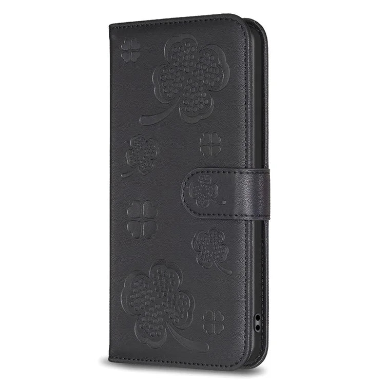 For Nokia C32 Flip Stand PU Leather Case Imprinted Clover Magnetic Clasp Phone Case