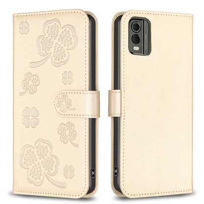 For Nokia C32 Flip Stand PU Leather Case Imprinted Clover Magnetic Clasp Phone Case