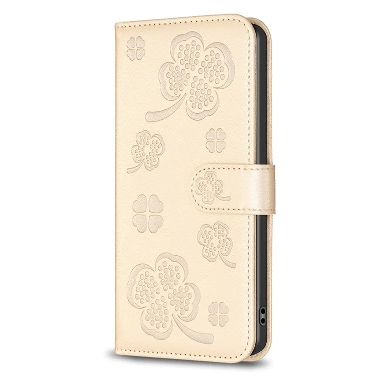 For Nokia C32 Flip Stand PU Leather Case Imprinted Clover Magnetic Clasp Phone Case