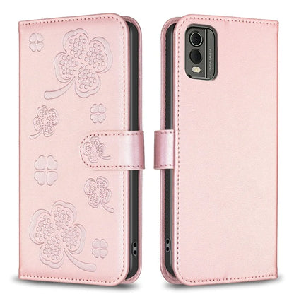 For Nokia C32 Flip Stand PU Leather Case Imprinted Clover Magnetic Clasp Phone Case