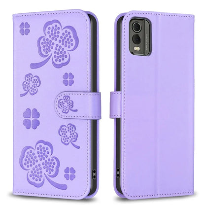 For Nokia C32 Flip Stand PU Leather Case Imprinted Clover Magnetic Clasp Phone Case