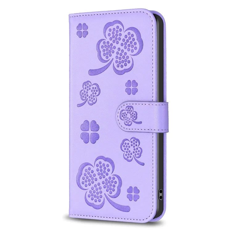 For Nokia C32 Flip Stand PU Leather Case Imprinted Clover Magnetic Clasp Phone Case
