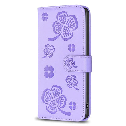 For Nokia C32 Flip Stand PU Leather Case Imprinted Clover Magnetic Clasp Phone Case