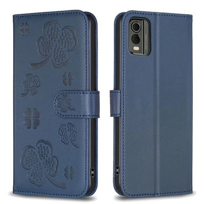 For Nokia C32 Flip Stand PU Leather Case Imprinted Clover Magnetic Clasp Phone Case