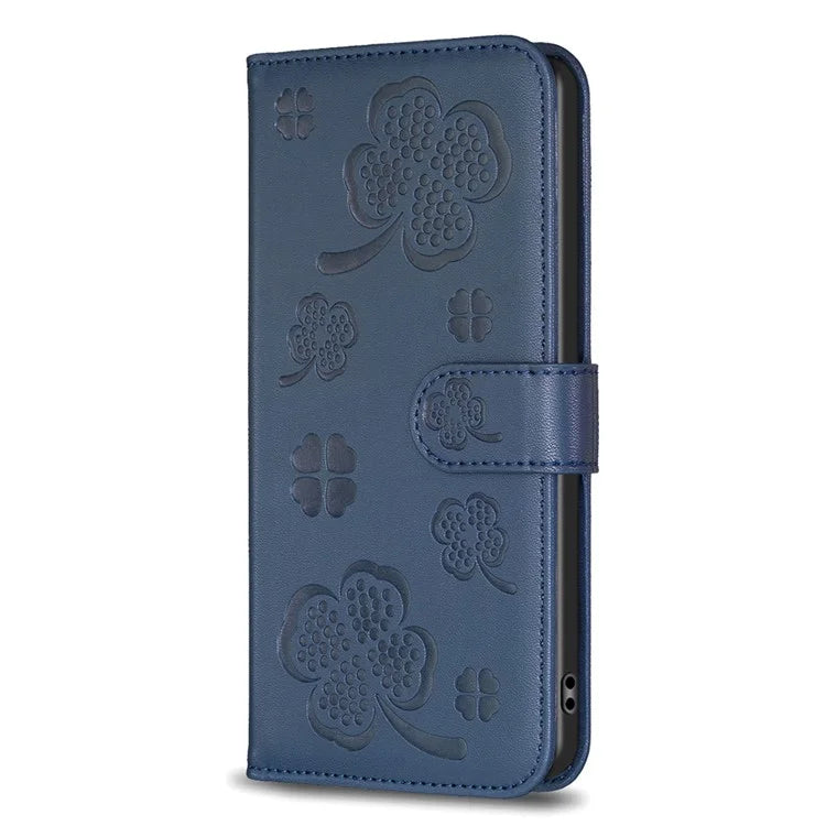 For Nokia C32 Flip Stand PU Leather Case Imprinted Clover Magnetic Clasp Phone Case