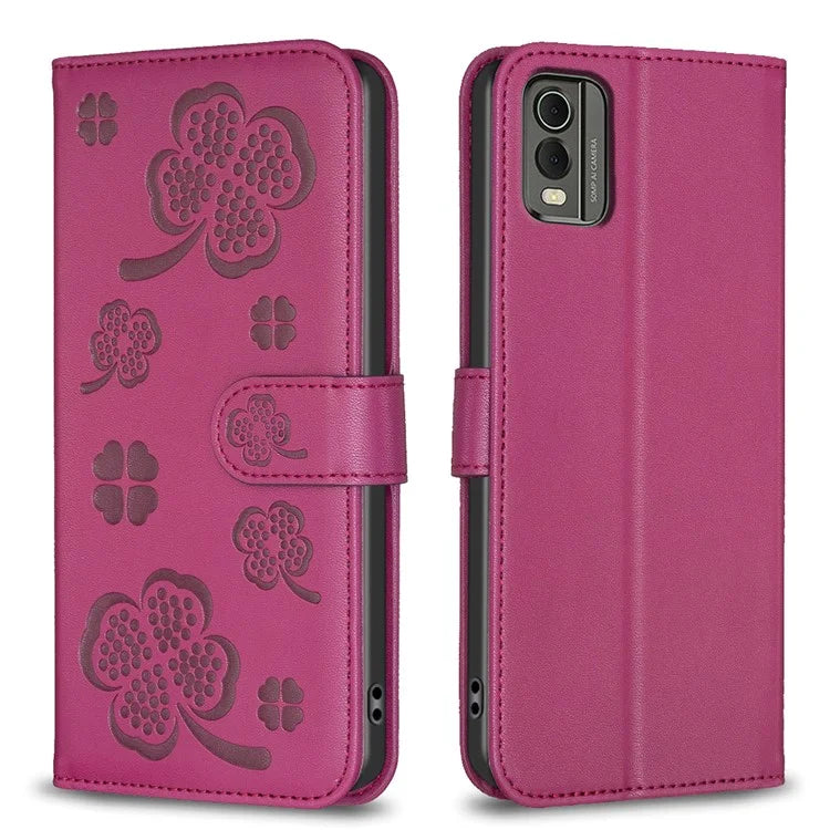 For Nokia C32 Flip Stand PU Leather Case Imprinted Clover Magnetic Clasp Phone Case