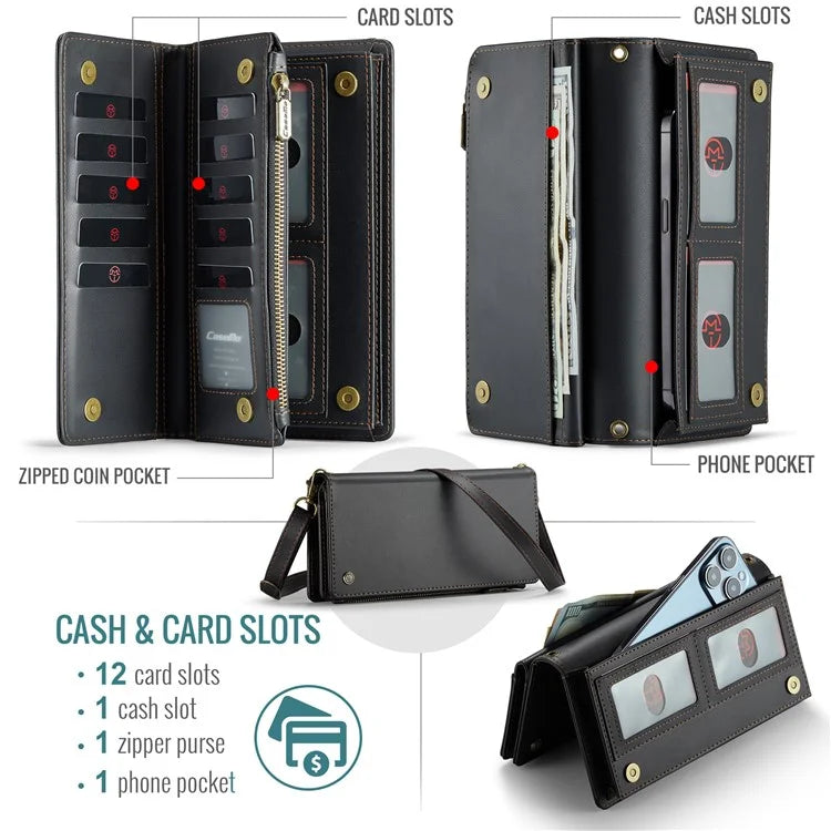 CASEME Me10 Crossbody Bag for 4.0-6.7'' Phone Zipper Wallet Purses Leather Case with 12-Card Holder