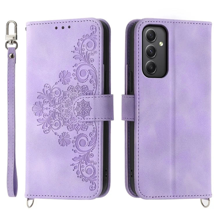 For Samsung Galaxy A35 5G Cell Phone Case TPU+PU Leather Flower Imprinted Cover with Straps