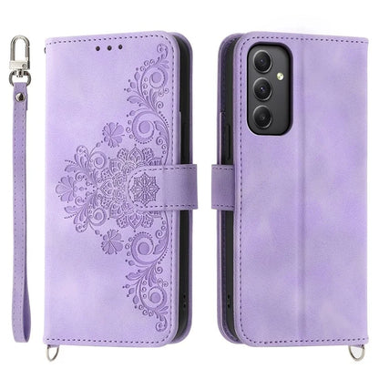 For Samsung Galaxy A35 5G Cell Phone Case TPU+PU Leather Flower Imprinted Cover with Straps