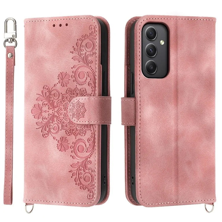 For Samsung Galaxy A35 5G Cell Phone Case TPU+PU Leather Flower Imprinted Cover with Straps