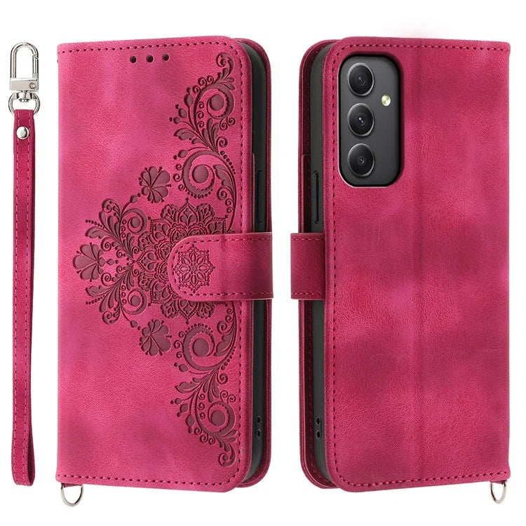 For Samsung Galaxy A35 5G Cell Phone Case TPU+PU Leather Flower Imprinted Cover with Straps