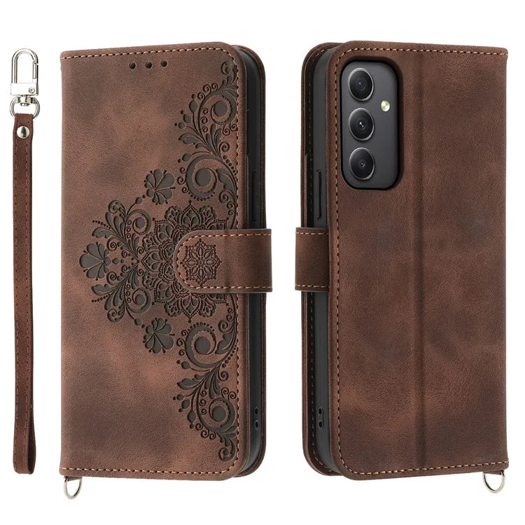 For Samsung Galaxy A35 5G Cell Phone Case TPU+PU Leather Flower Imprinted Cover with Straps