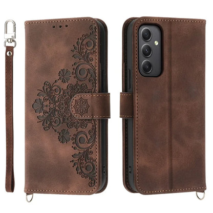 For Samsung Galaxy A35 5G Cell Phone Case TPU+PU Leather Flower Imprinted Cover with Straps