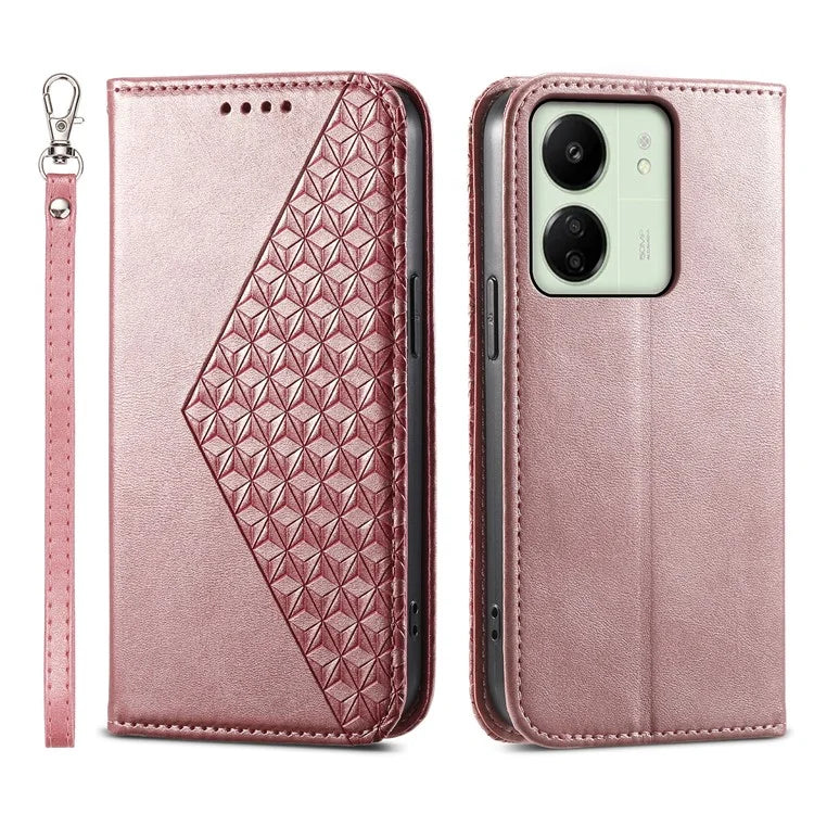 For Xiaomi Redmi 13C 4G / Poco C65 4G Case Imprinted Rhombus Pattern PU Leather Mobile Phone Cover