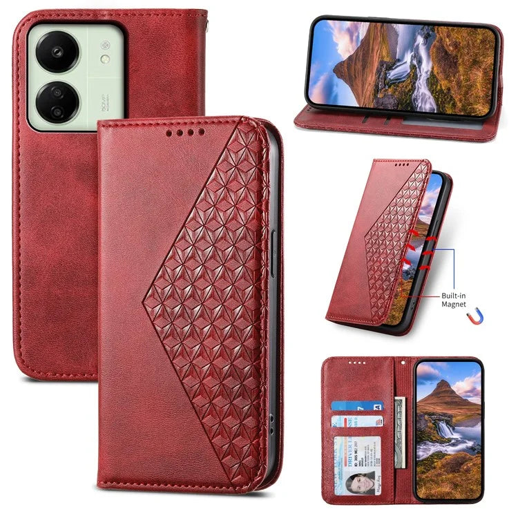 For Xiaomi Redmi 13C 4G / Poco C65 4G Case Imprinted Rhombus Pattern PU Leather Mobile Phone Cover