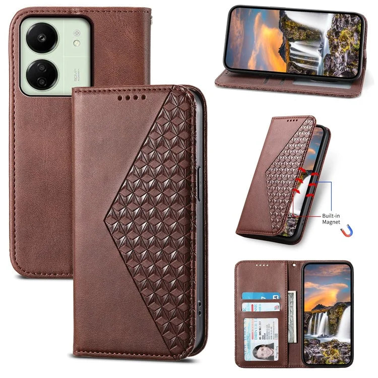 For Xiaomi Redmi 13C 4G / Poco C65 4G Case Imprinted Rhombus Pattern PU Leather Mobile Phone Cover