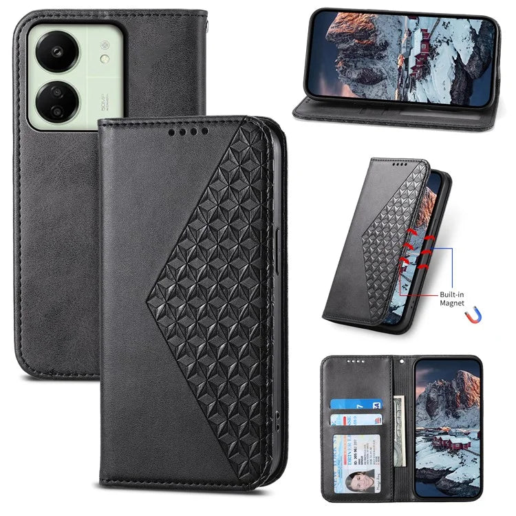 For Xiaomi Redmi 13C 4G / Poco C65 4G Case Imprinted Rhombus Pattern PU Leather Mobile Phone Cover