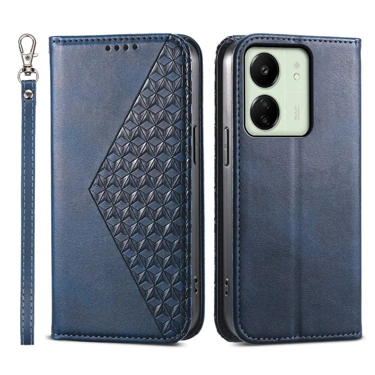 For Xiaomi Redmi 13C 4G / Poco C65 4G Case Imprinted Rhombus Pattern PU Leather Mobile Phone Cover
