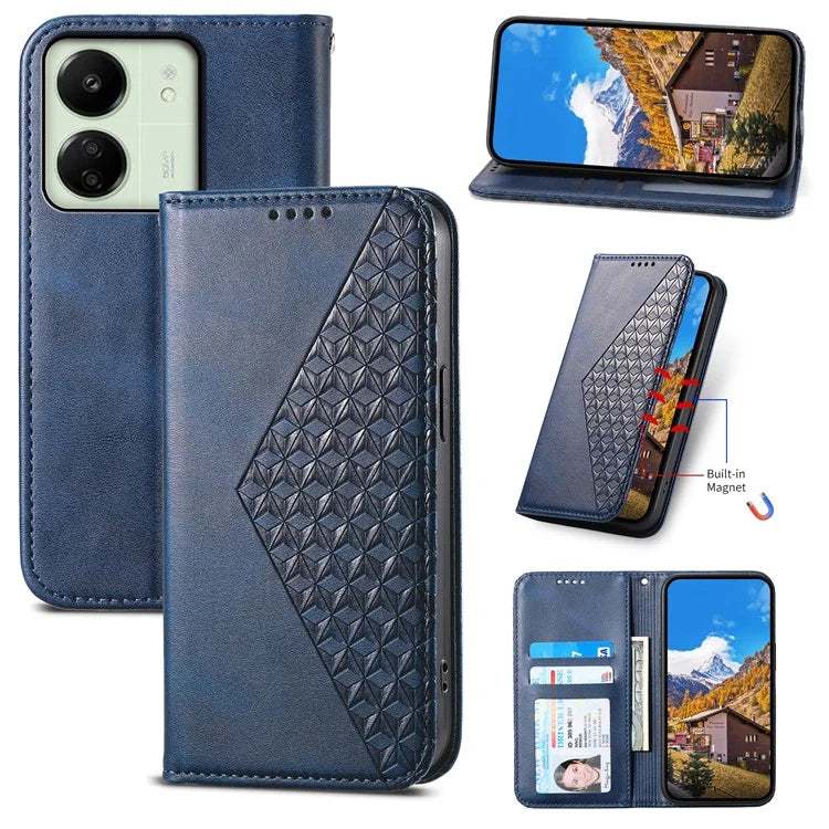For Xiaomi Redmi 13C 4G / Poco C65 4G Case Imprinted Rhombus Pattern PU Leather Mobile Phone Cover