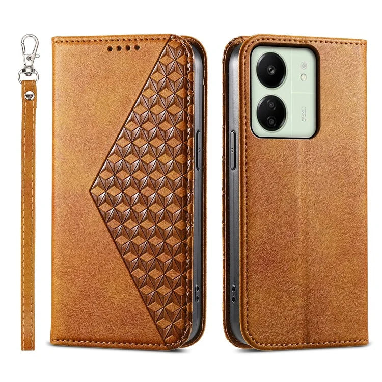 For Xiaomi Redmi 13C 4G / Poco C65 4G Case Imprinted Rhombus Pattern PU Leather Mobile Phone Cover