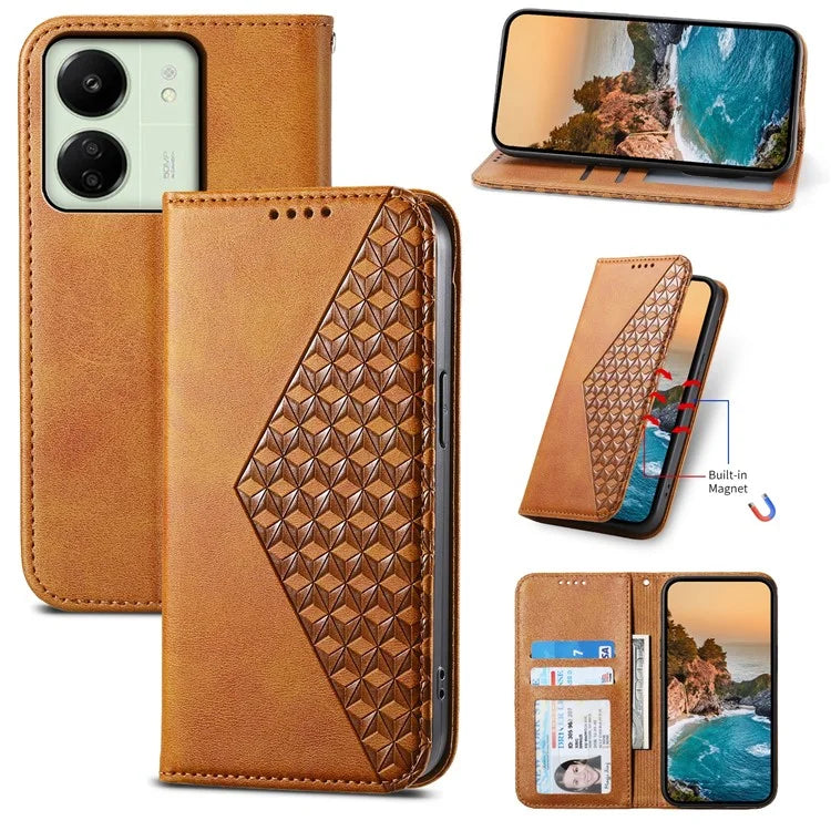 For Xiaomi Redmi 13C 4G / Poco C65 4G Case Imprinted Rhombus Pattern PU Leather Mobile Phone Cover