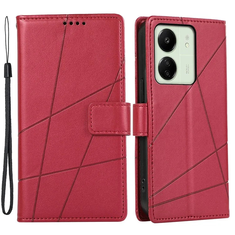 DF-06 For Xiaomi Redmi 13C 4G / Poco C65 4G Case Imprinted Lines Leather Wallet Phone Cover with Wrist Strap