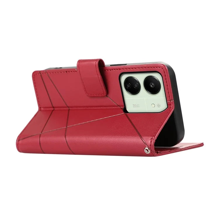 DF-06 For Xiaomi Redmi 13C 4G / Poco C65 4G Case Imprinted Lines Leather Wallet Phone Cover with Wrist Strap