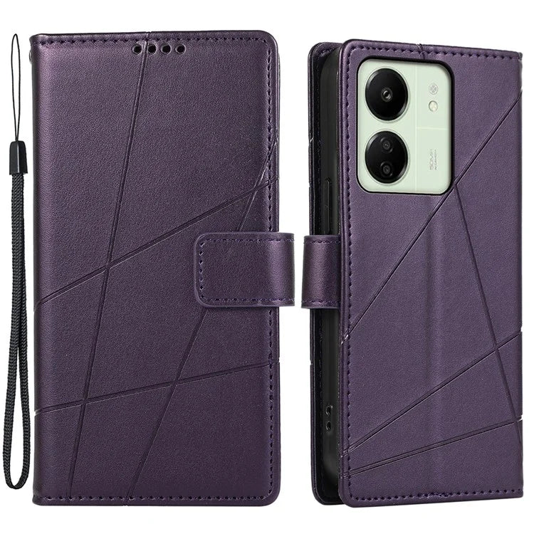 DF-06 For Xiaomi Redmi 13C 4G / Poco C65 4G Case Imprinted Lines Leather Wallet Phone Cover with Wrist Strap