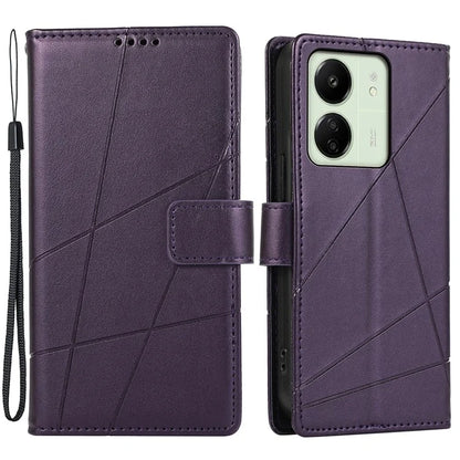 DF-06 For Xiaomi Redmi 13C 4G / Poco C65 4G Case Imprinted Lines Leather Wallet Phone Cover with Wrist Strap