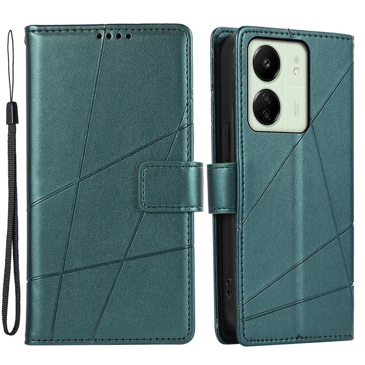 DF-06 For Xiaomi Redmi 13C 4G / Poco C65 4G Case Imprinted Lines Leather Wallet Phone Cover with Wrist Strap