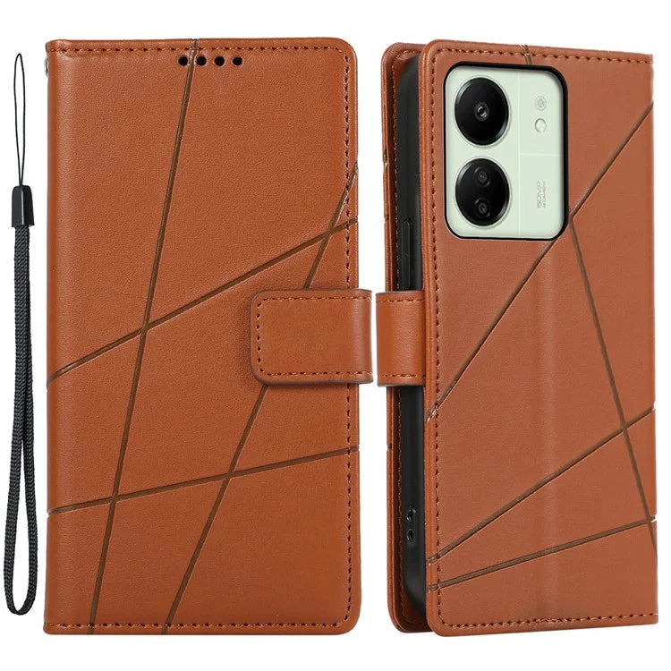 DF-06 For Xiaomi Redmi 13C 4G / Poco C65 4G Case Imprinted Lines Leather Wallet Phone Cover with Wrist Strap